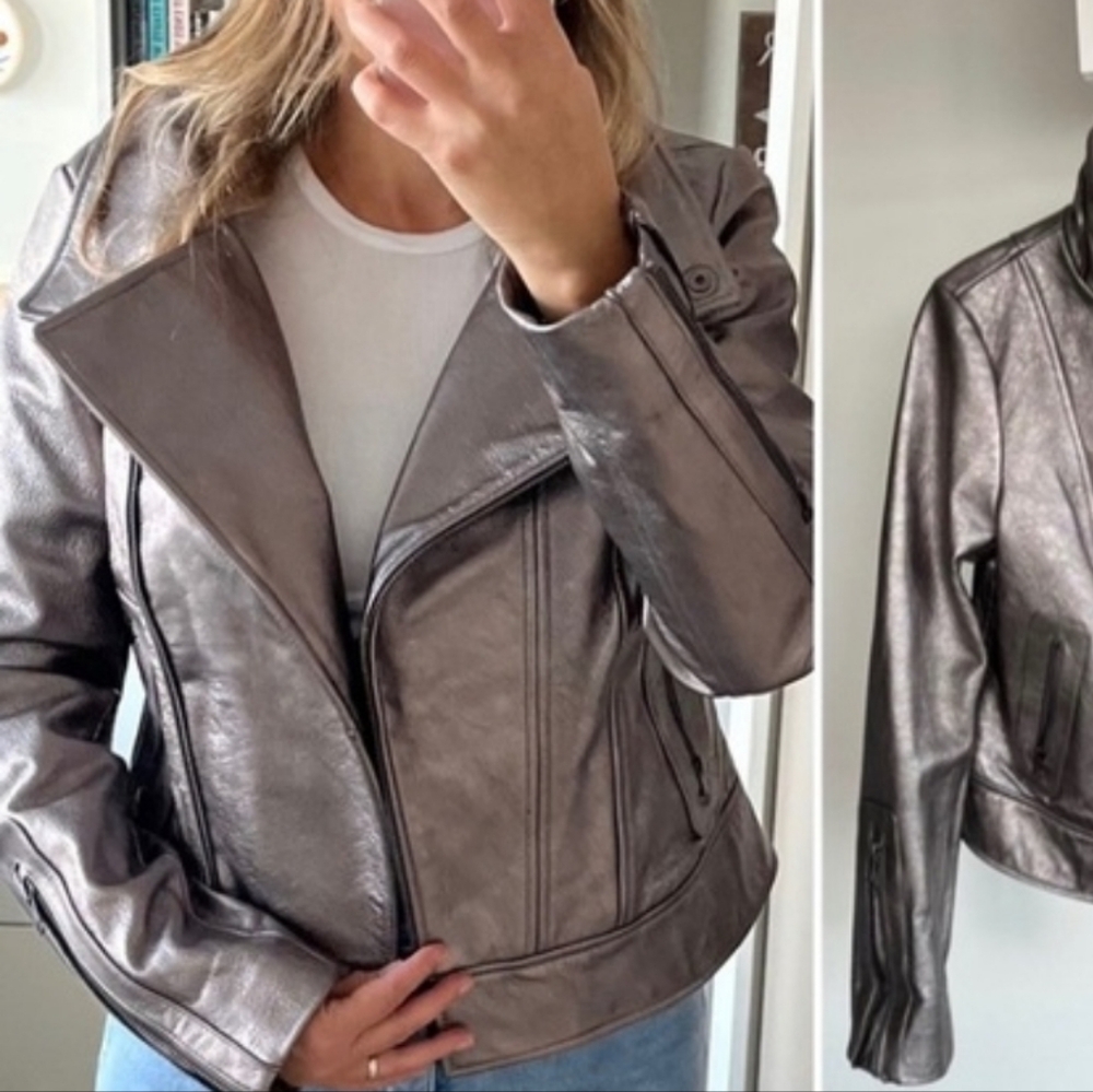Coffee Shop Newwyork Women's Silver Pink  Leather Biker Jacket